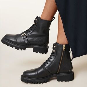 All Saints Black Leather Lug Sole Combat Boots with Gold Hardware